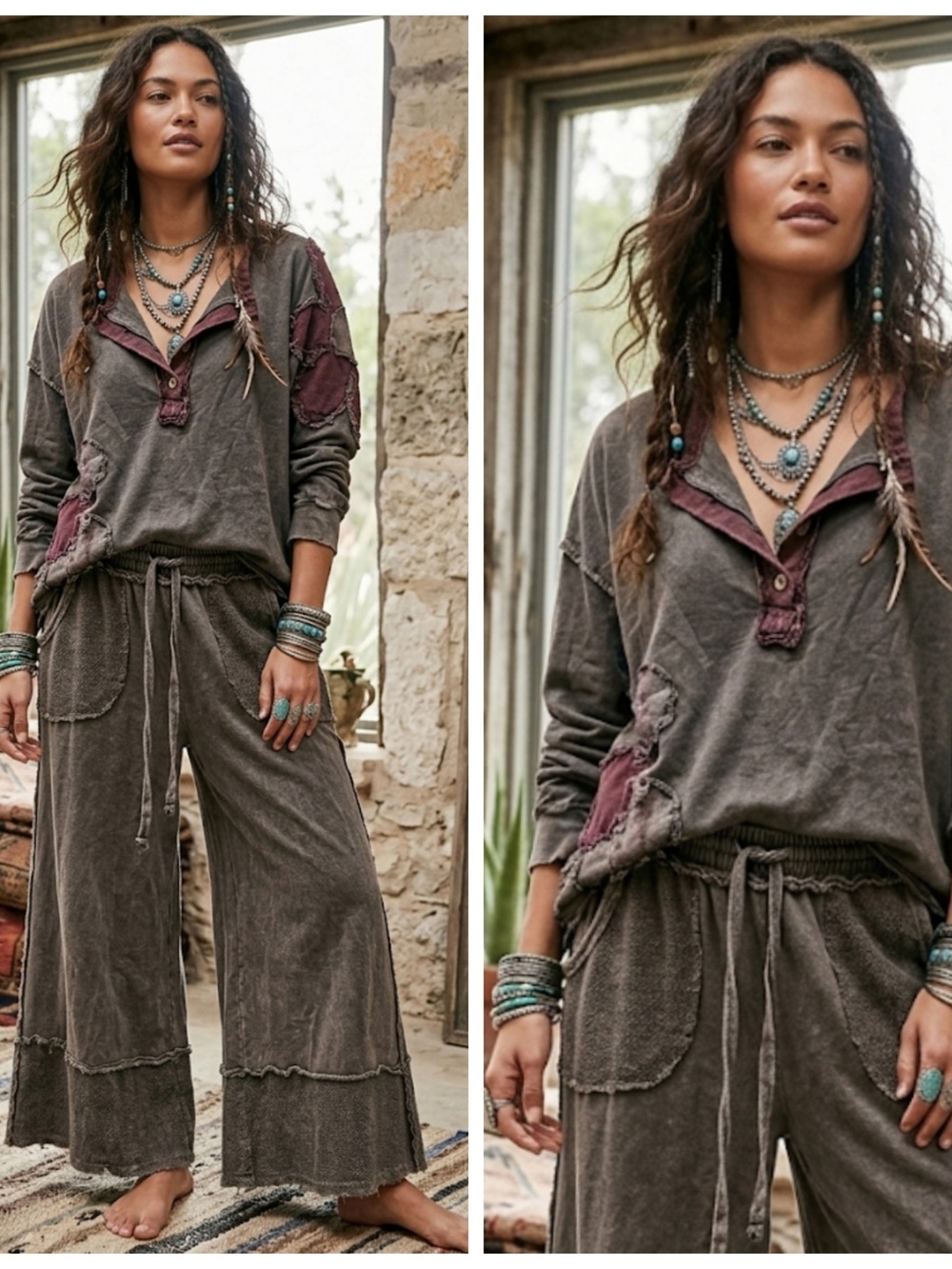 Women's Washed Wide-Leg Lounge Pants & Floral Patchwork Top